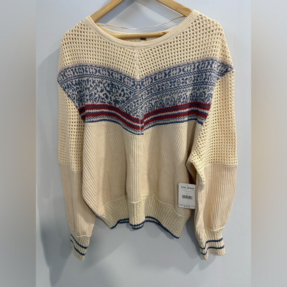 Free People Cream and Blue Knit Sweater